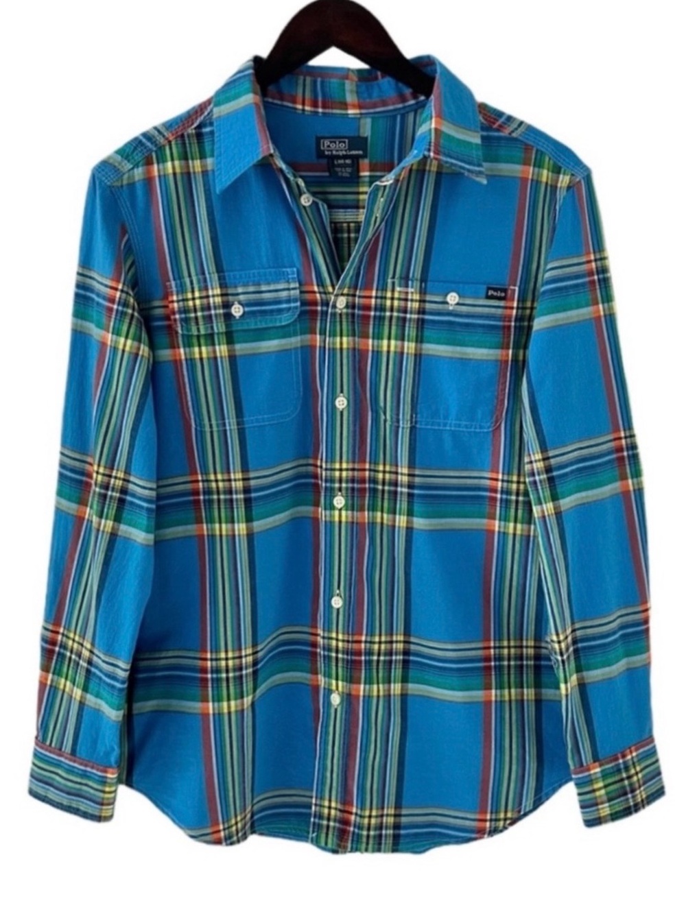 Polo Ralph Lauren Blue Plaid Button Down Long Sleeve Shirt Size Large - Picture 2 of 6